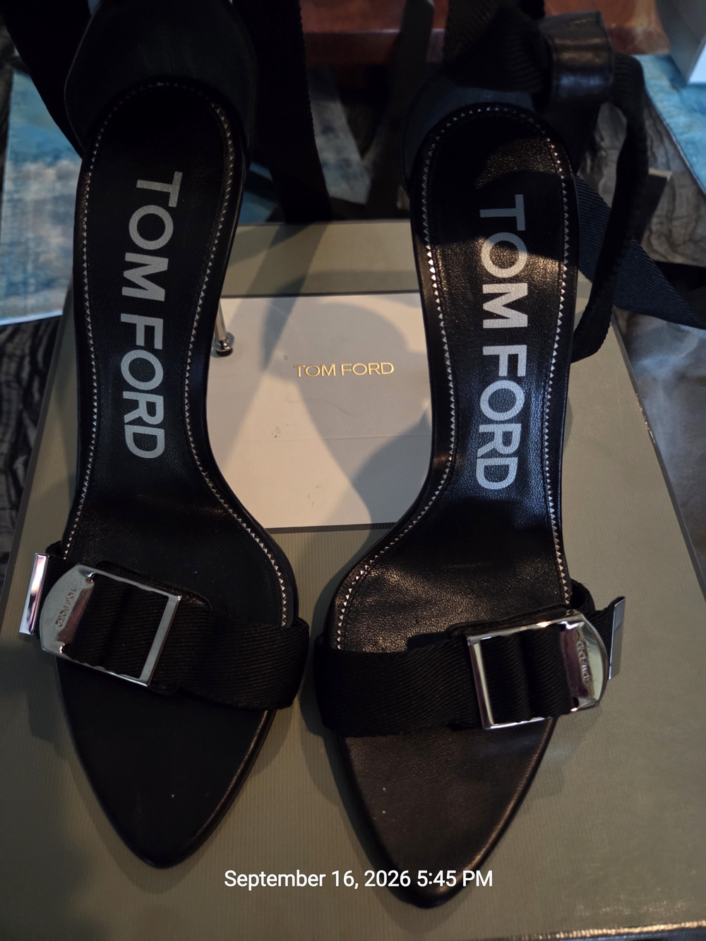 Tom Ford Black Satin Buckle Bow-Accent Heeled Sandals